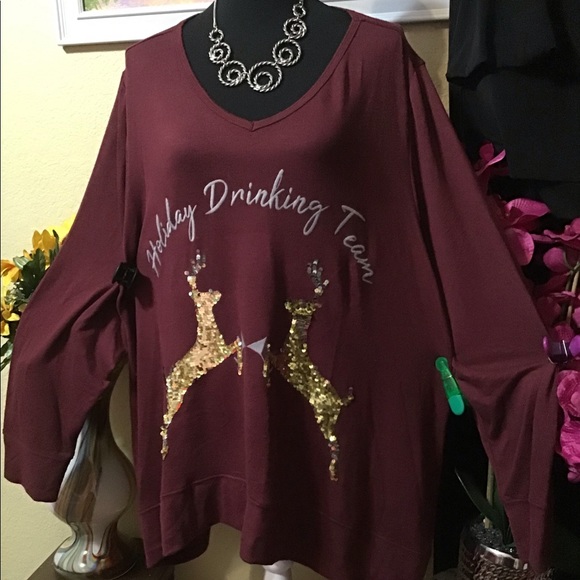 🎅NWT SLEEP by CACIQUE 26/28 🦌GOLD SEQUIN REINDEER 🦌SWEATSHIRT PAJAMA TOP - Picture 3 of 8